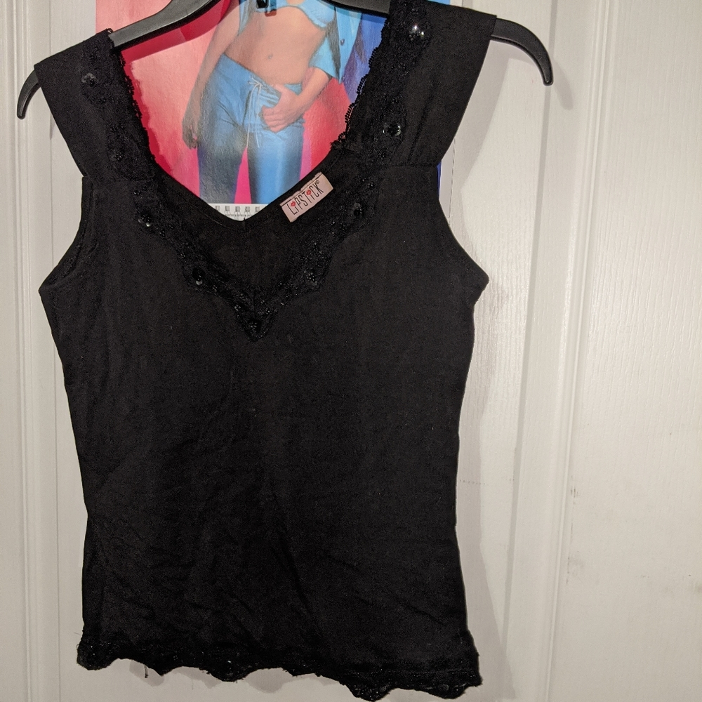 Lipstick Black With Lace Sequin Trim Cropped Sleeveless V Neck Top - Picture 5 of 5
